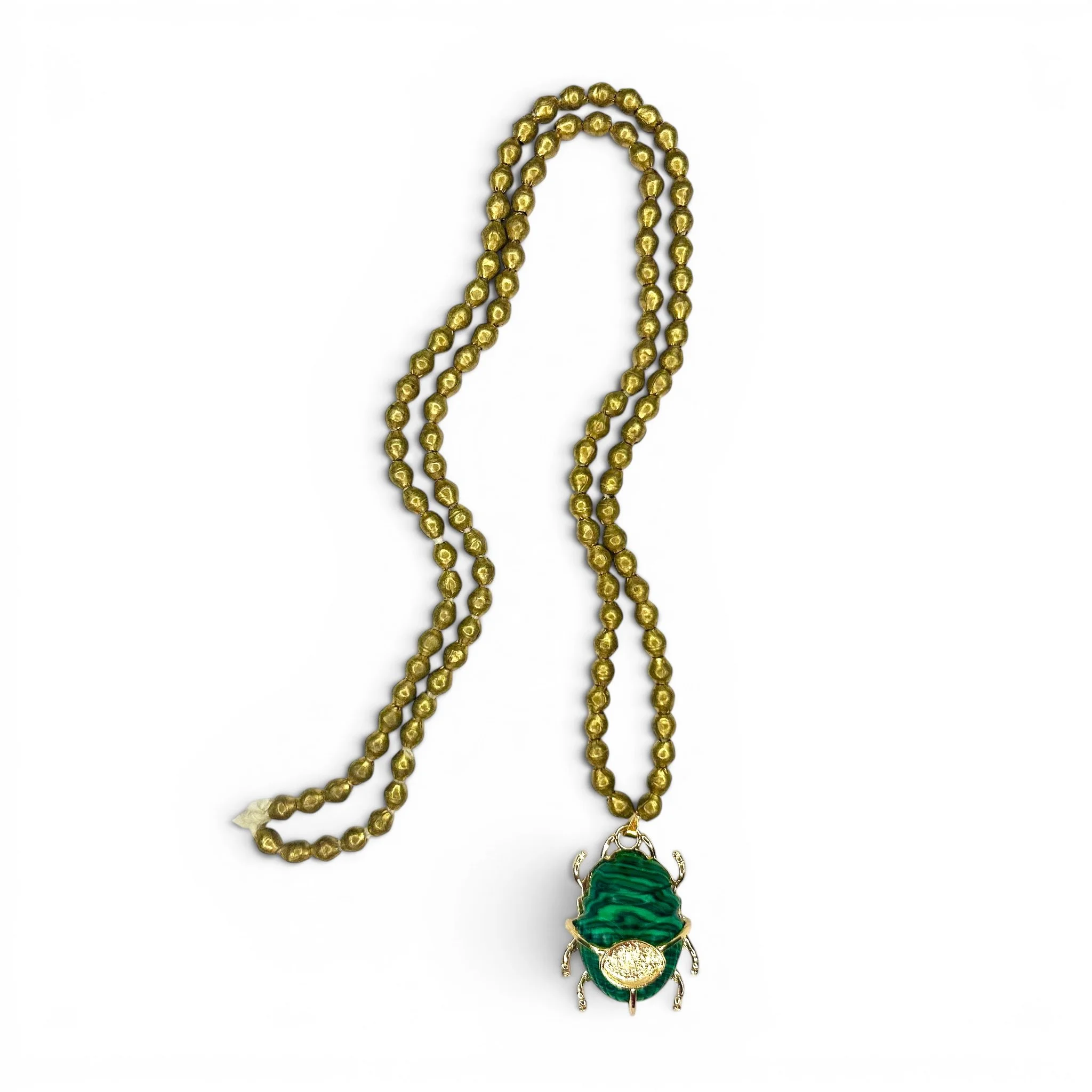 Ethiopian Brass Beads Necklace with Malachite Scarab Pendant