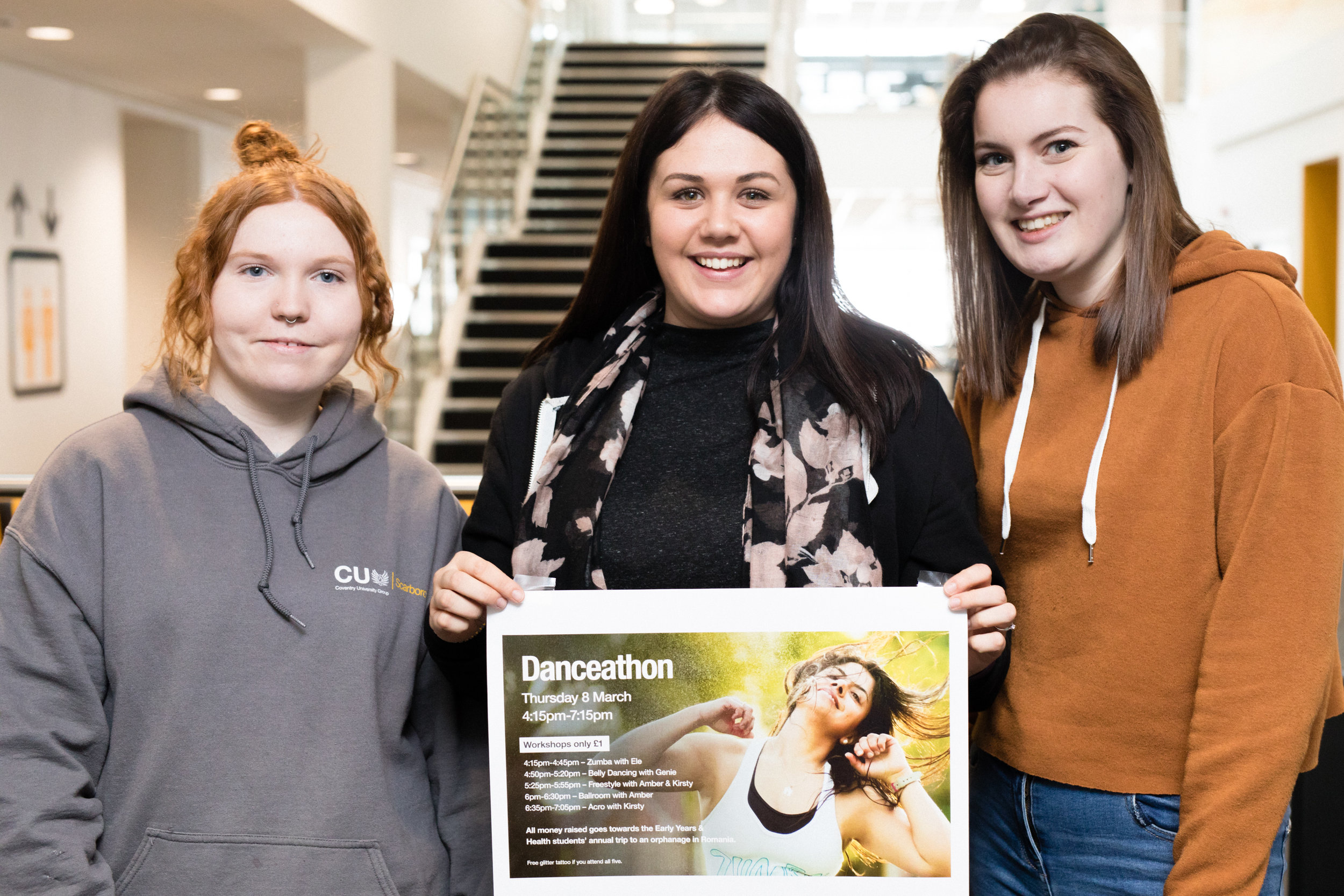 Kirstie Young, Vicky Thorpe and Emmie Charters, from CU Scarborough, prepare for the Danceathon.