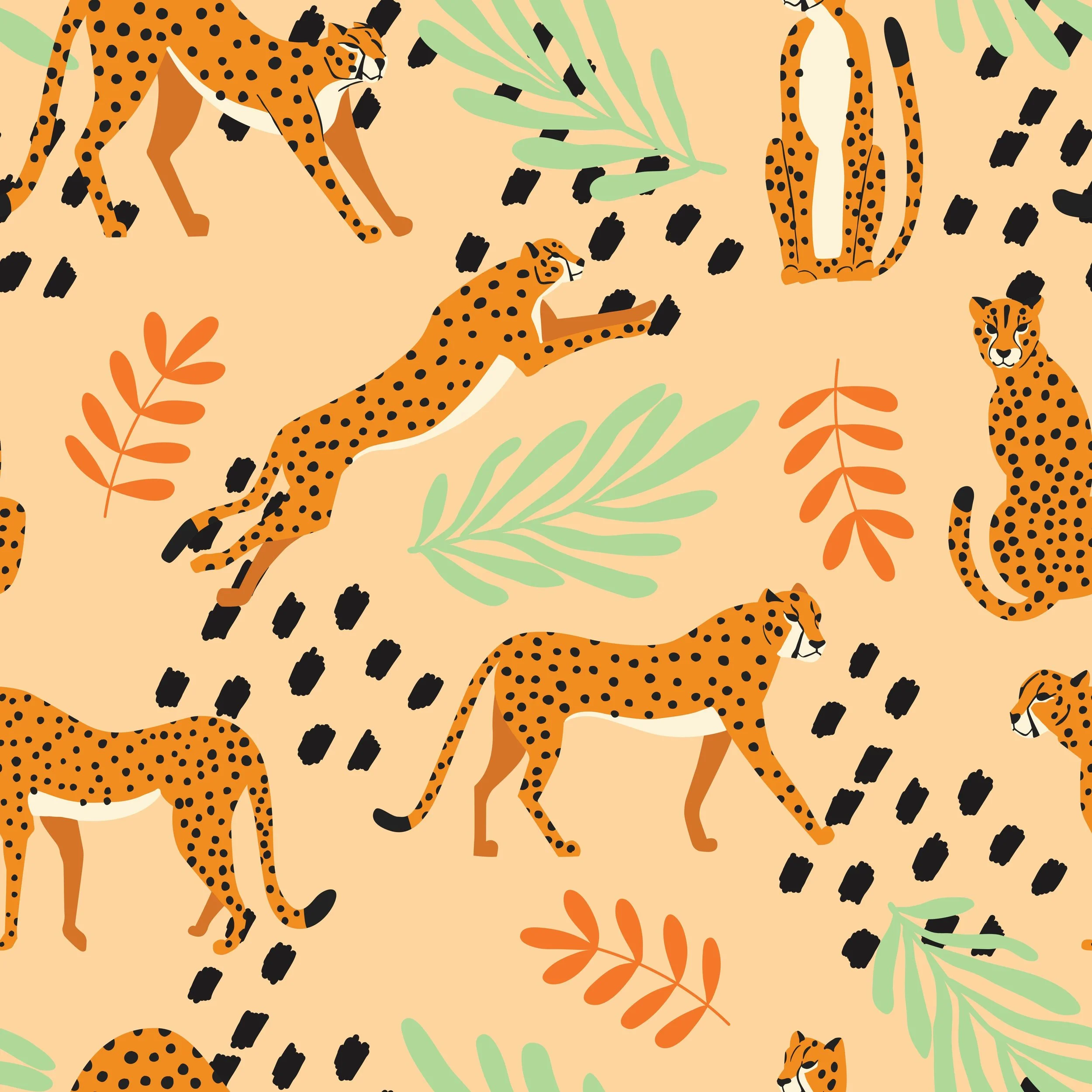 Seamless pattern with hand drawn exotic big cat cheetahs, with t