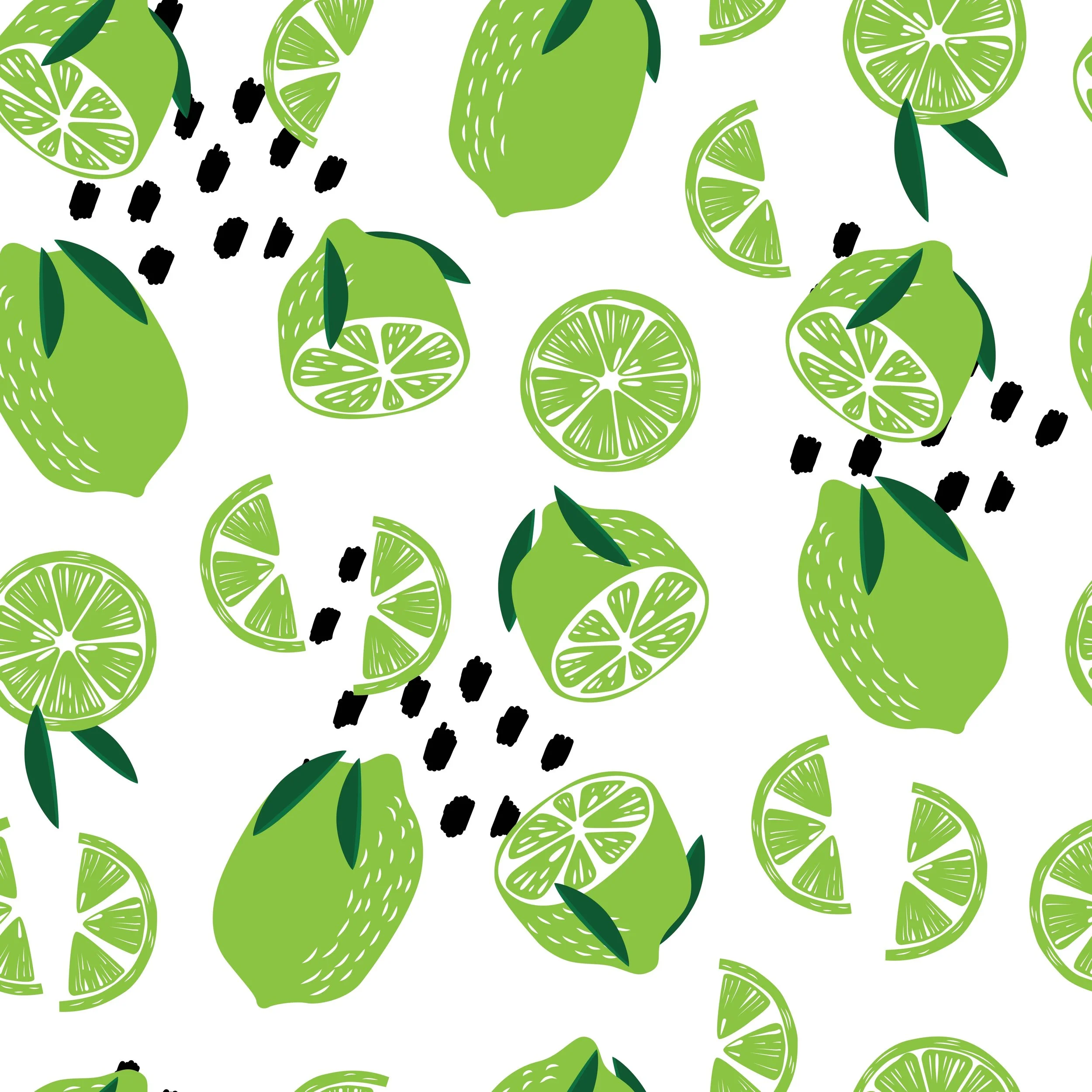 Fruit seamless pattern, limes with leaves and abstract elements 