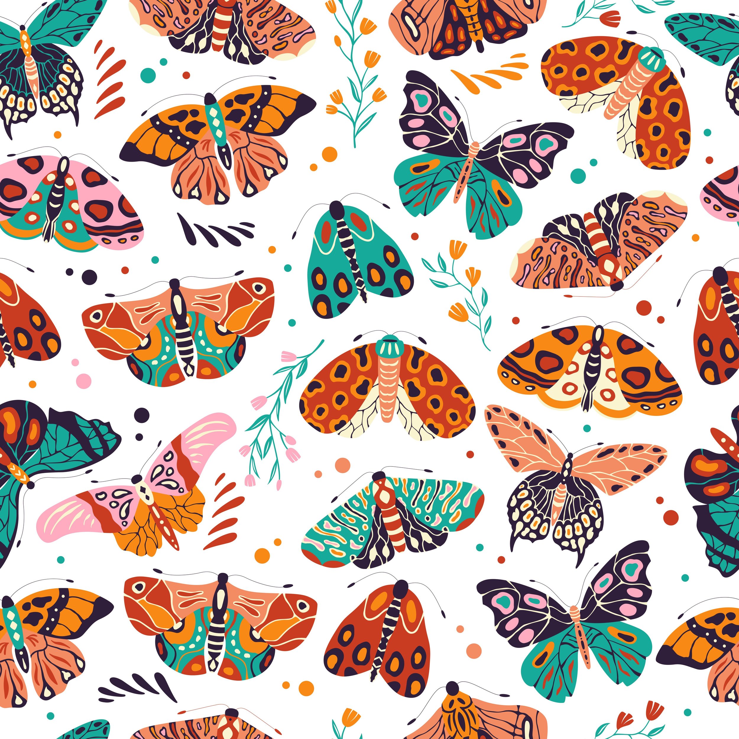 Seamless pattern with colorful hand drawn butterflies and moths 