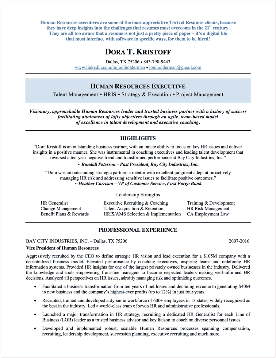 hr executive job description for resume