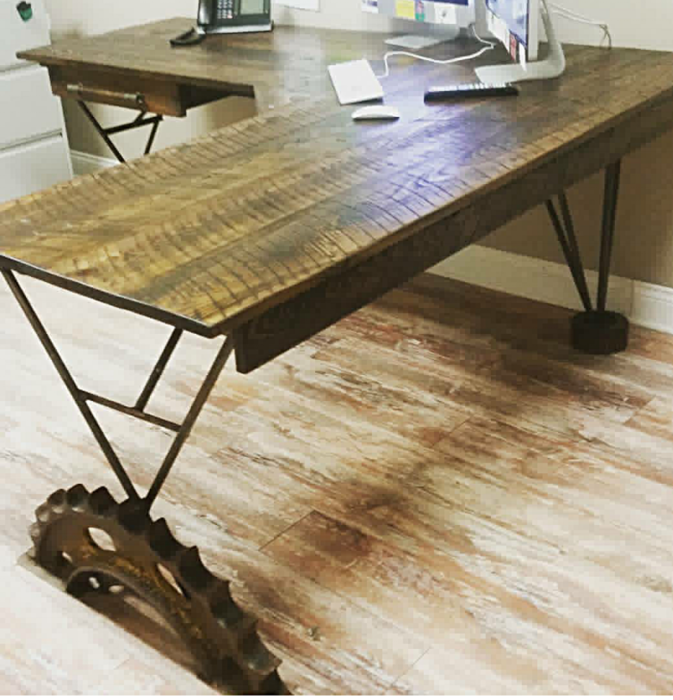 Cypress L shaped desk with gear legs