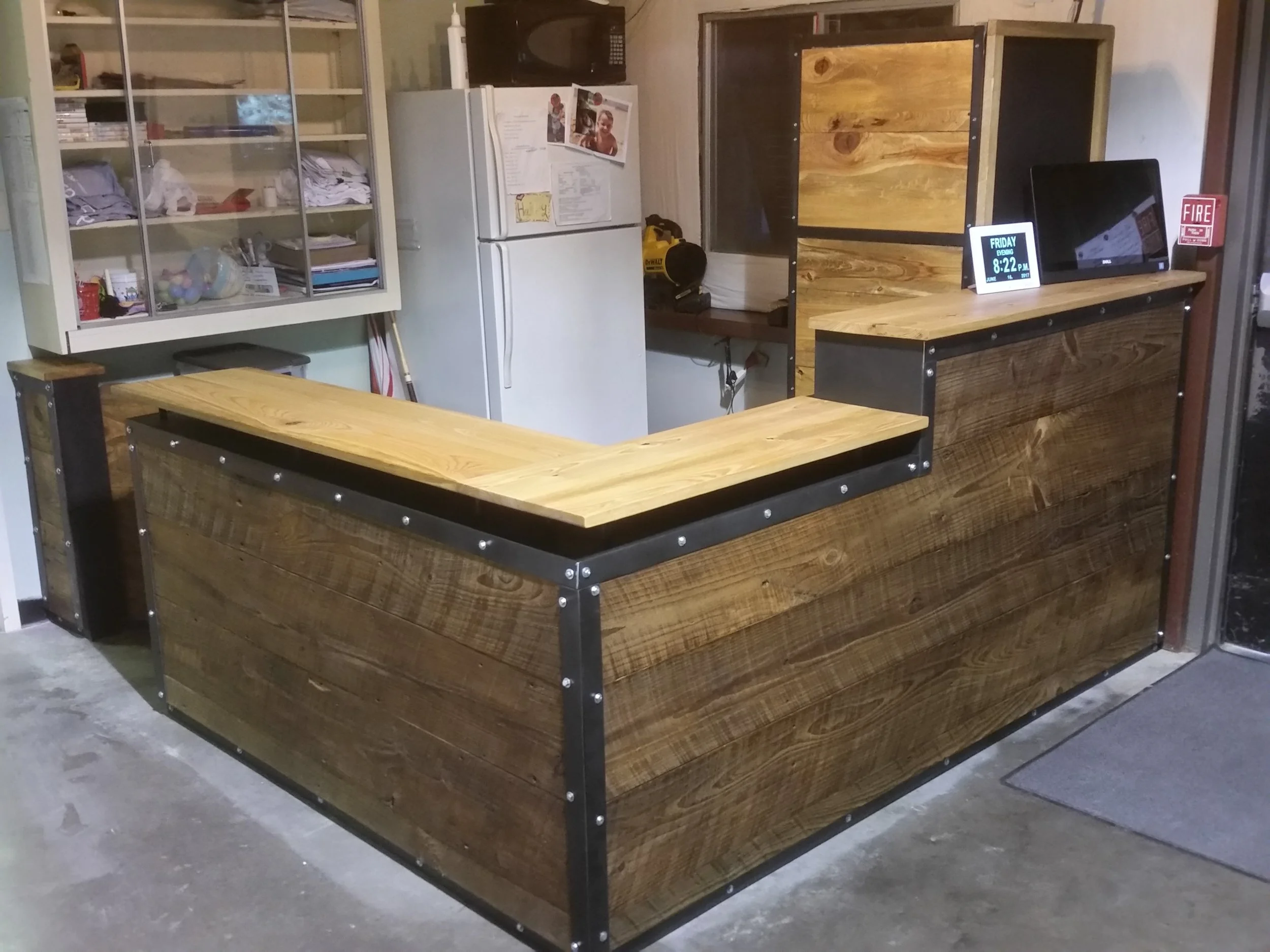 Reclaimed Pine and Cypress L shaped reception desk