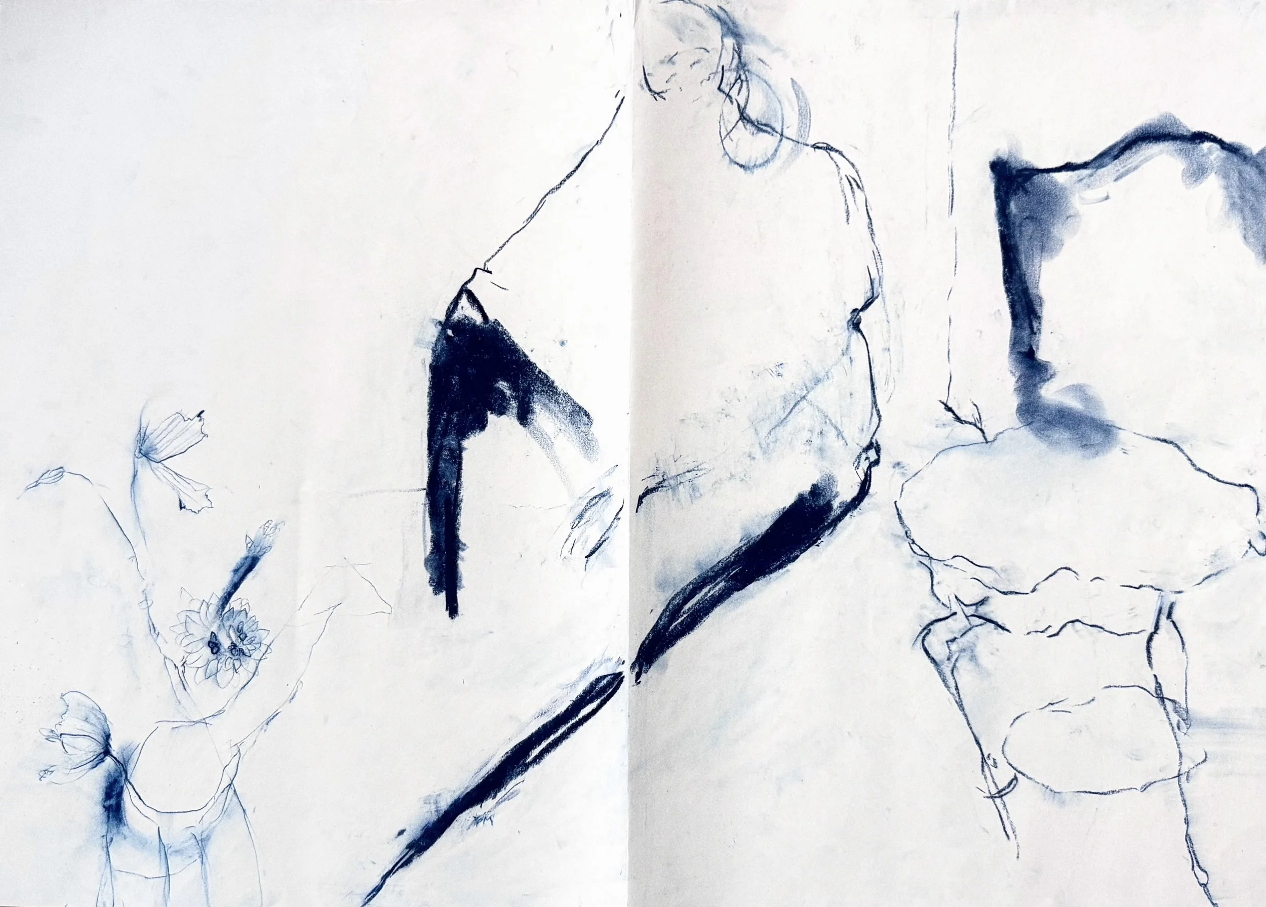 blue pastel seated figure drawing with vase
