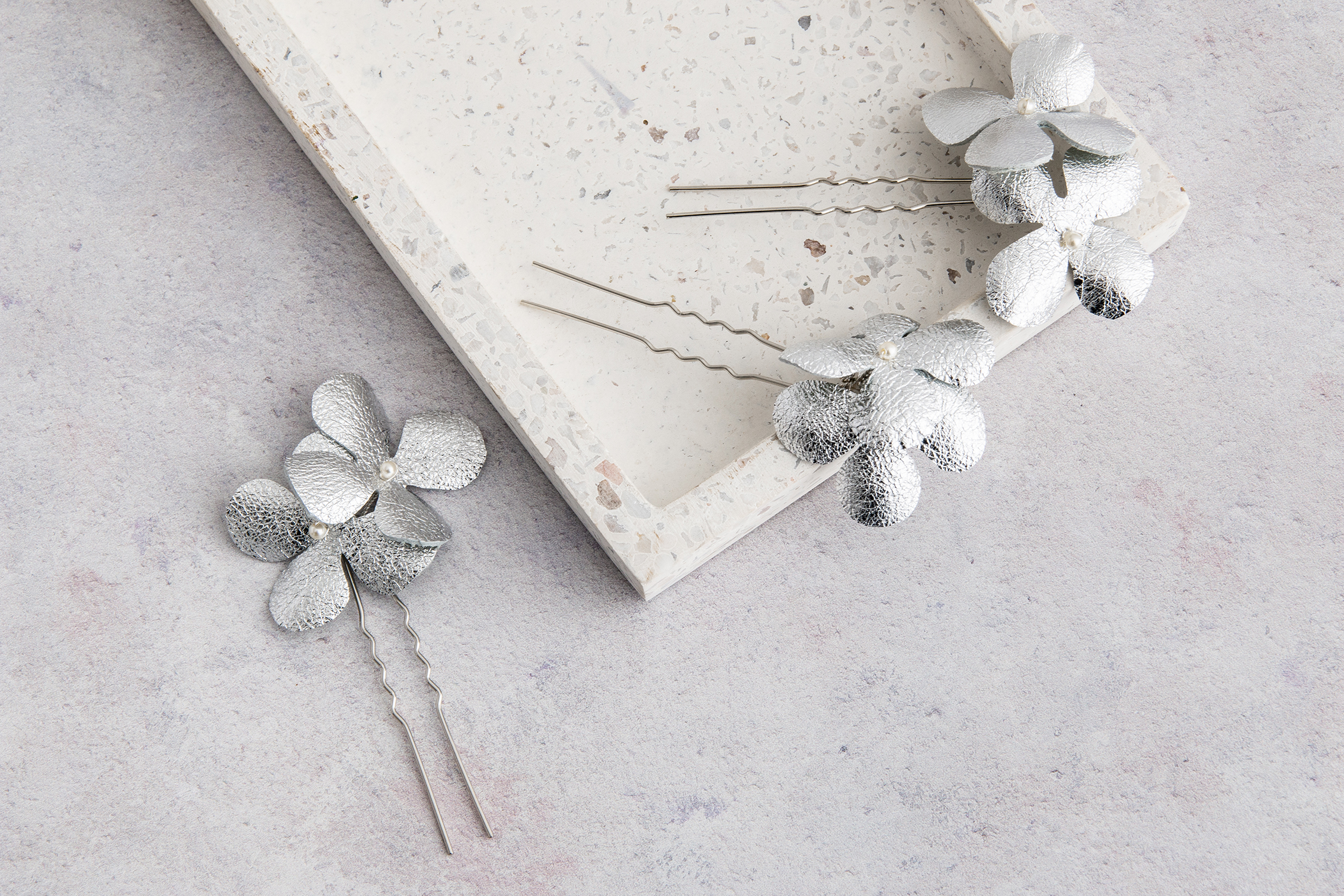 Claire Hill Designs Silver Leather Hydrangea Flower Hair Clips.jpg