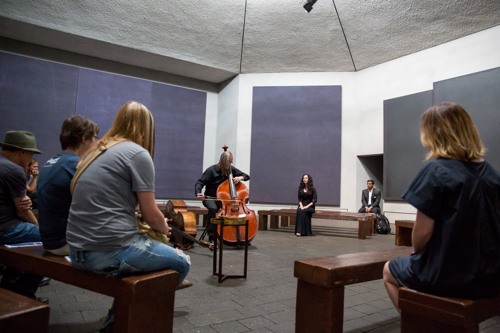  Anecdote of the Spirit at The Rothko Chapel. Misha Penton, soprano &amp; concept. Thomas Helton, double bass. MenilFest 2017. Photo: Runaway Productions 