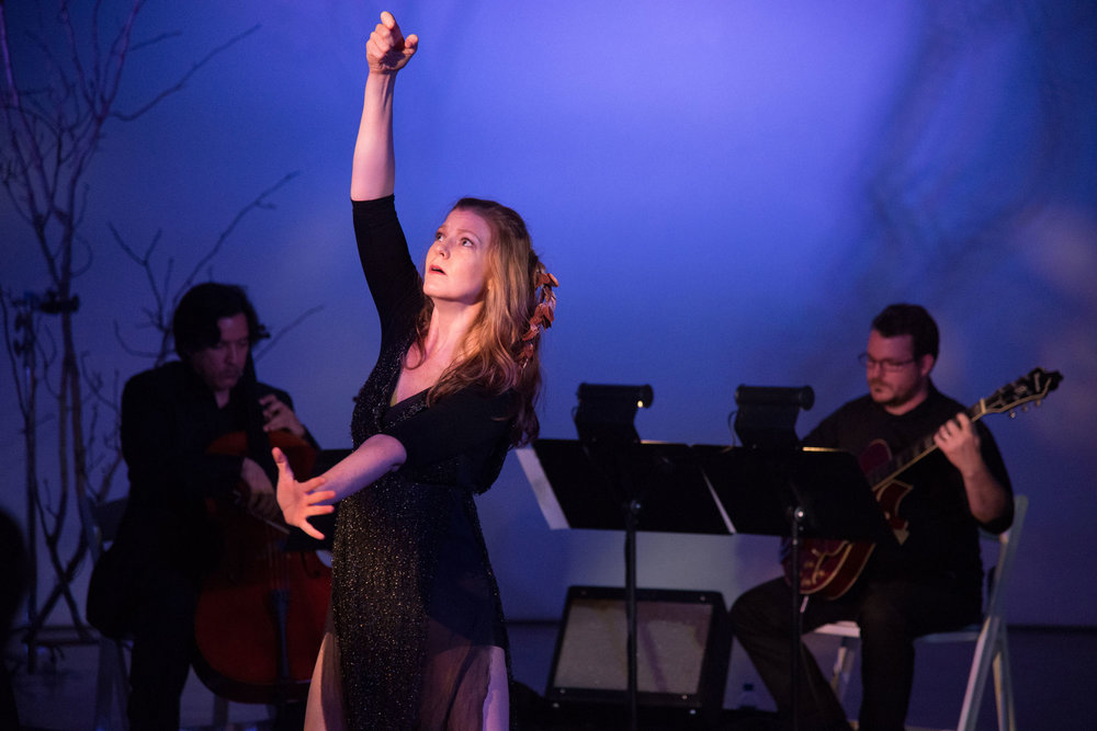  ravens &amp; radishes. Misha Penton, soprano, concept, text. George Heathco, music. Meg Brooker, dancer Daniel Saenz, cello. Photo: David DeHoyos 