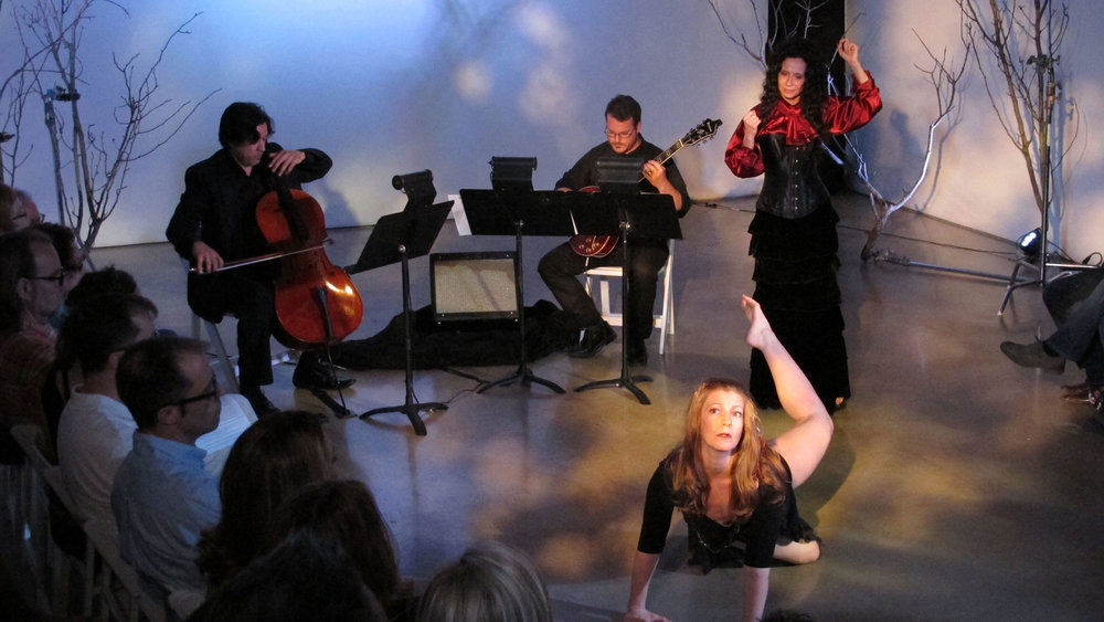  ravens &amp; radishes. Misha Penton, soprano, concept, text. George Heathco, music. Meg Brooker, dancer Daniel Saenz, cello. Photo: D. Nickerson. 