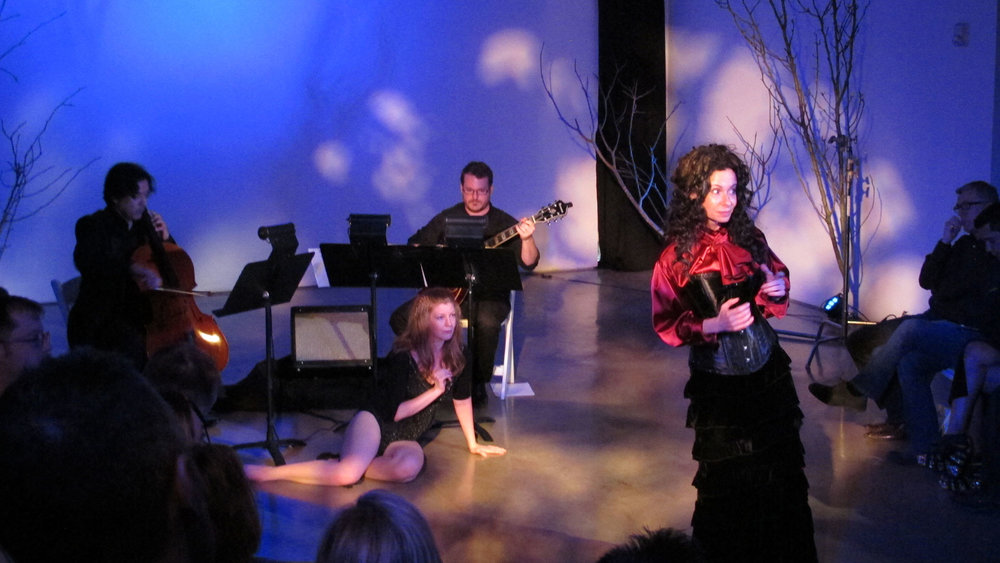  ravens &amp; radishes. Misha Penton, soprano, concept, text. George Heathco, music. Meg Brooker, dancer Daniel Saenz, cello. Photo: D. Nickerson. 