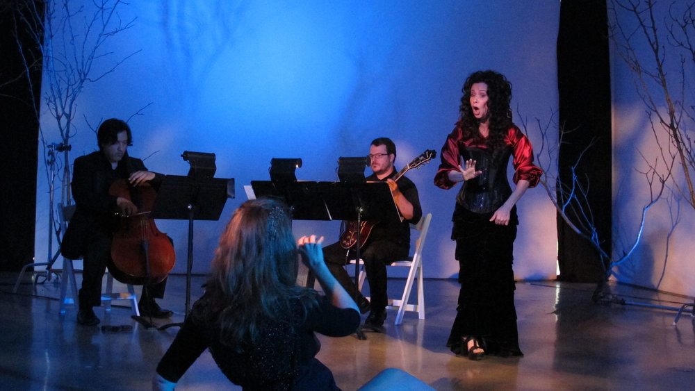  ravens &amp; radishes. Misha Penton, soprano, concept, text. George Heathco, music. Meg Brooker, dancer Daniel Saenz, cello. Photo: D. Nickerson. 