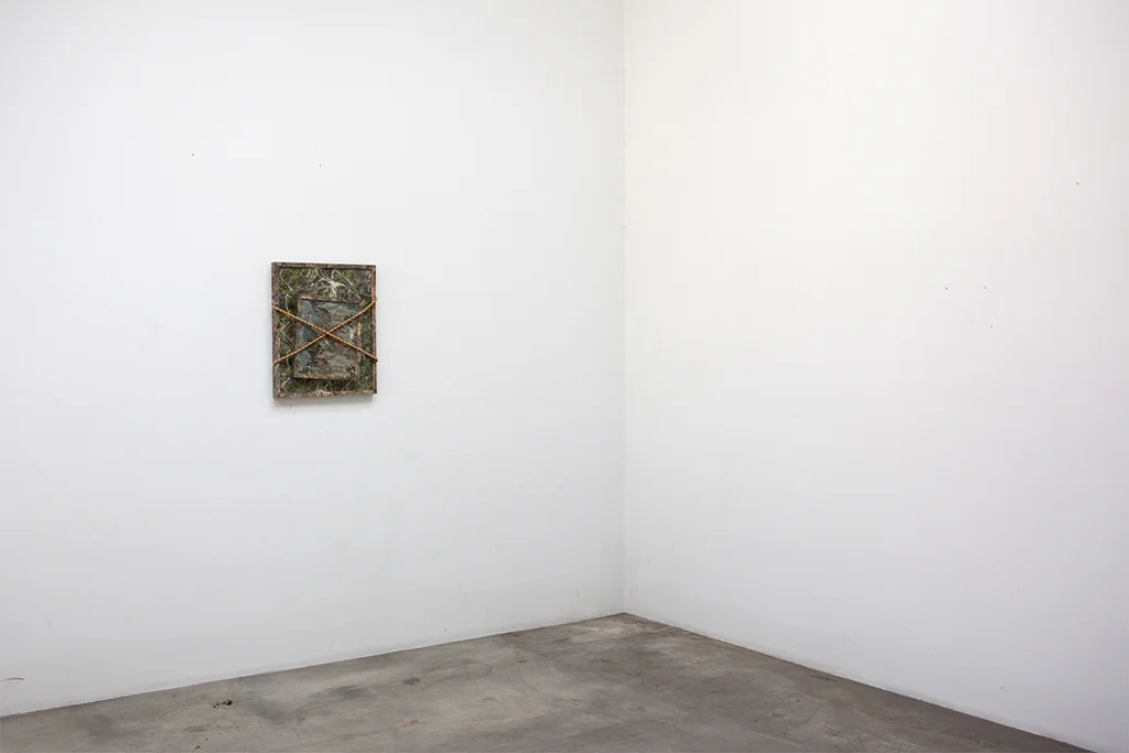  Stacked, 2015 Hydroprinted frame and bungee cord 24 x 20 x 3 1/2 inches 