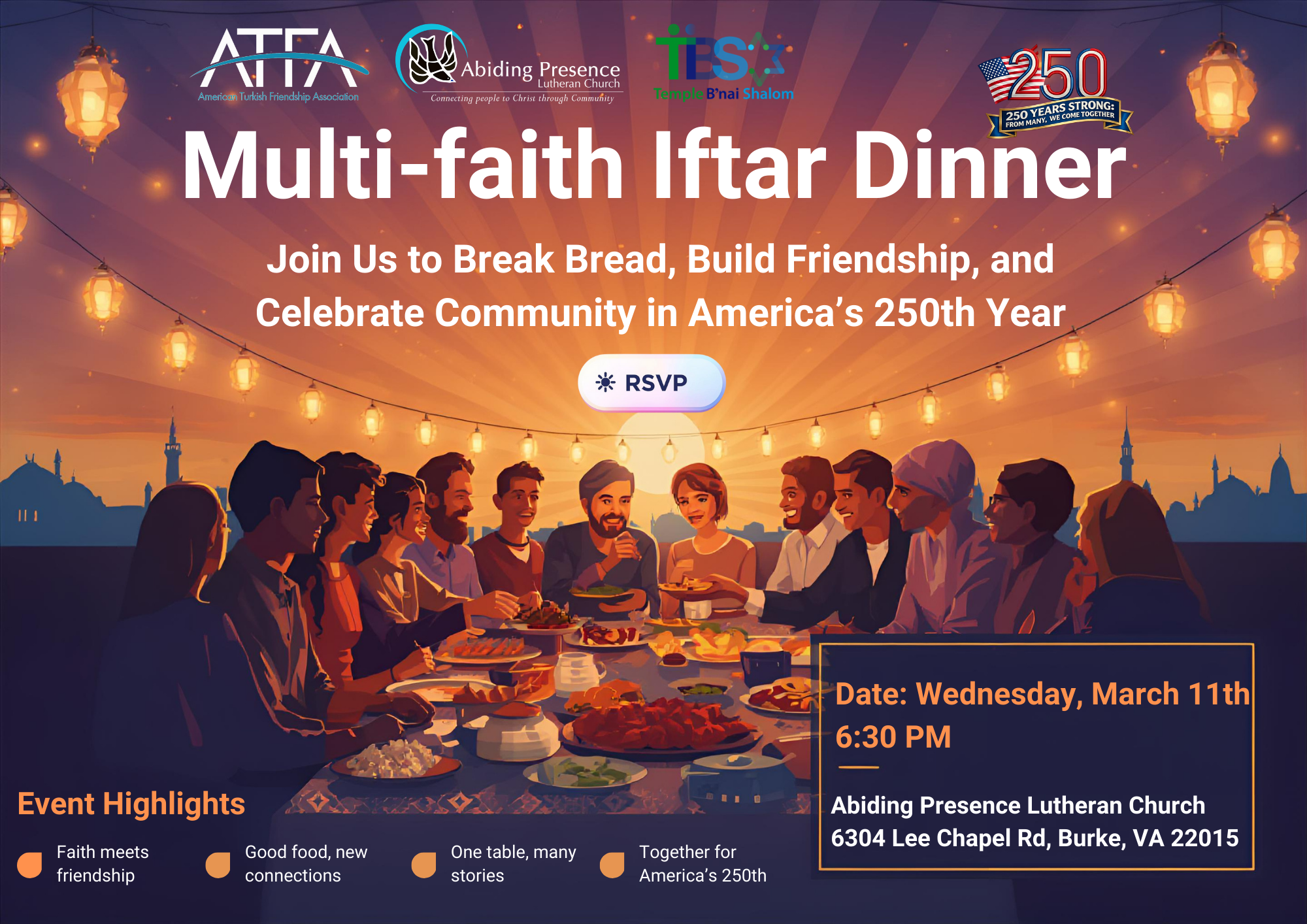 Multi-Faith Iftar Dinner with American Turkish Friendship Association, Temple B'nai Shalom & Abiding Presence