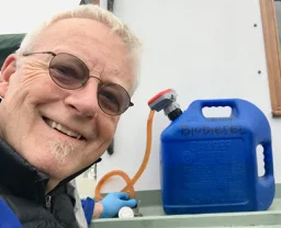Peter with his new battery-powered biodiesel pump