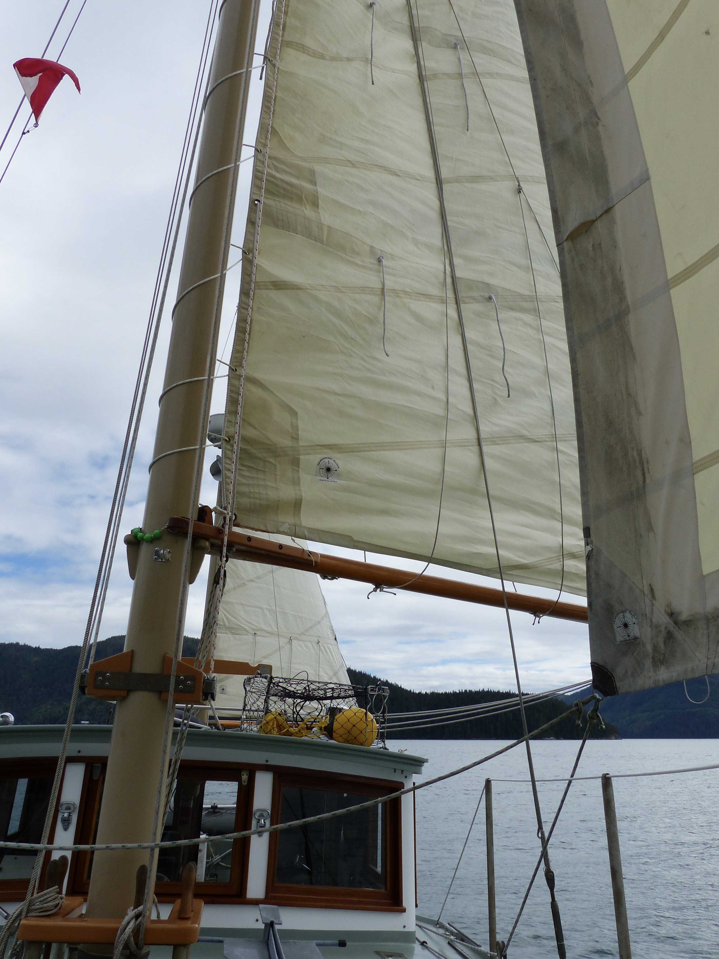 Jib &amp; main sails from bow