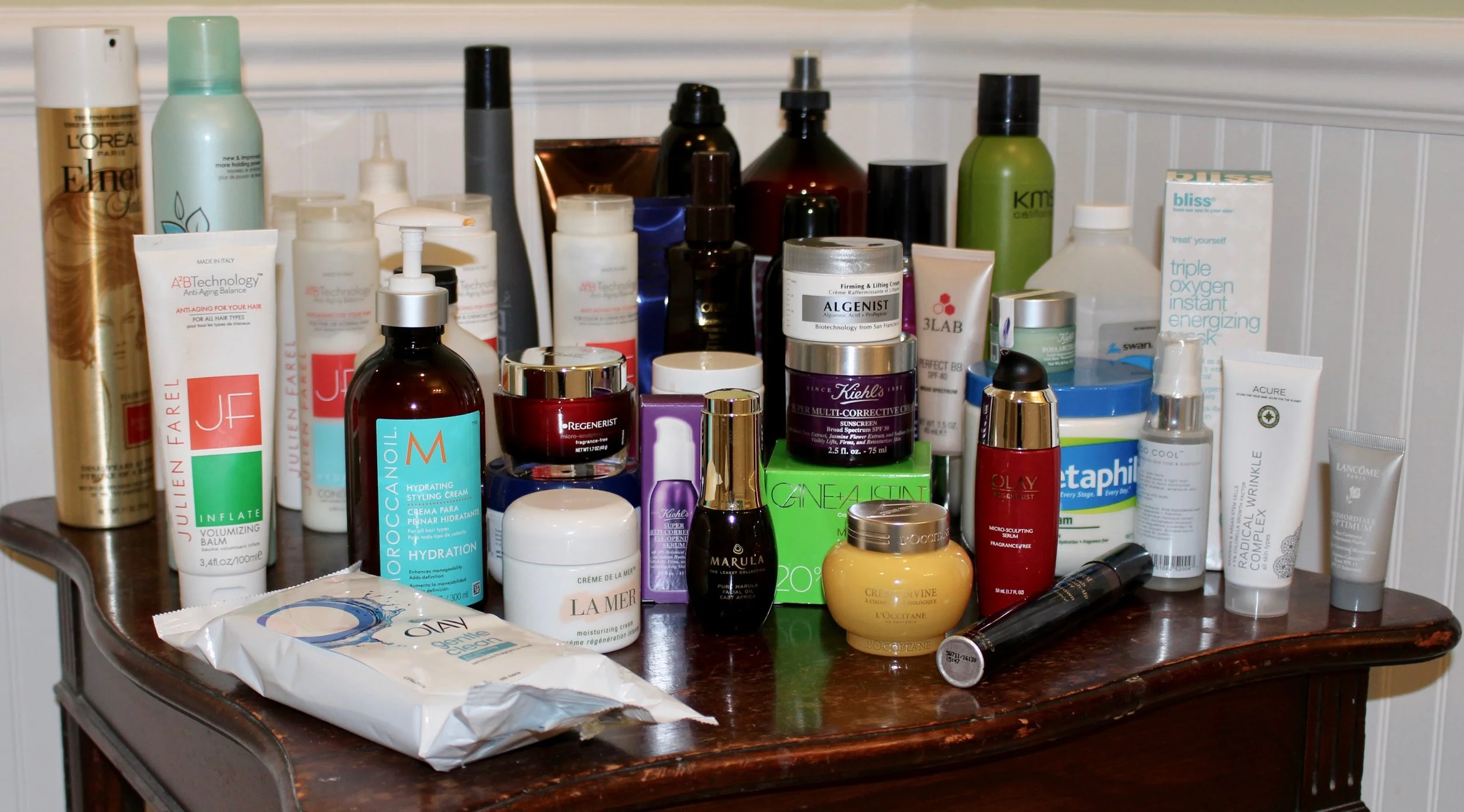 A sample of hair and skin products on hand.