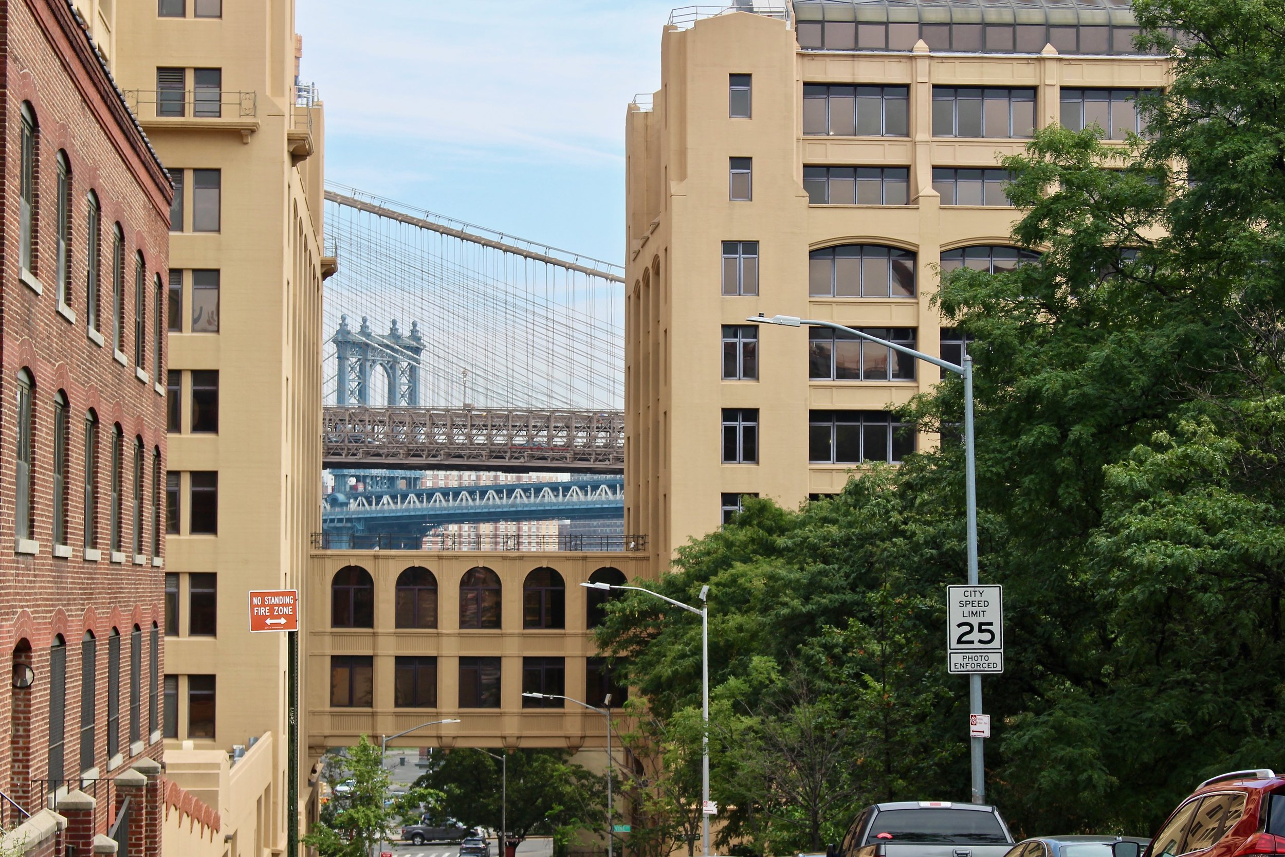  Starting out from Brooklyn Heights to DUMBO, at the Brooklyn Bridge Park footbridge.&nbsp; The view is downhill on Columbia Heights.&nbsp; Note the bridges in the background, a constant theme and anchor for our walk.&nbsp; The buildings you see in t