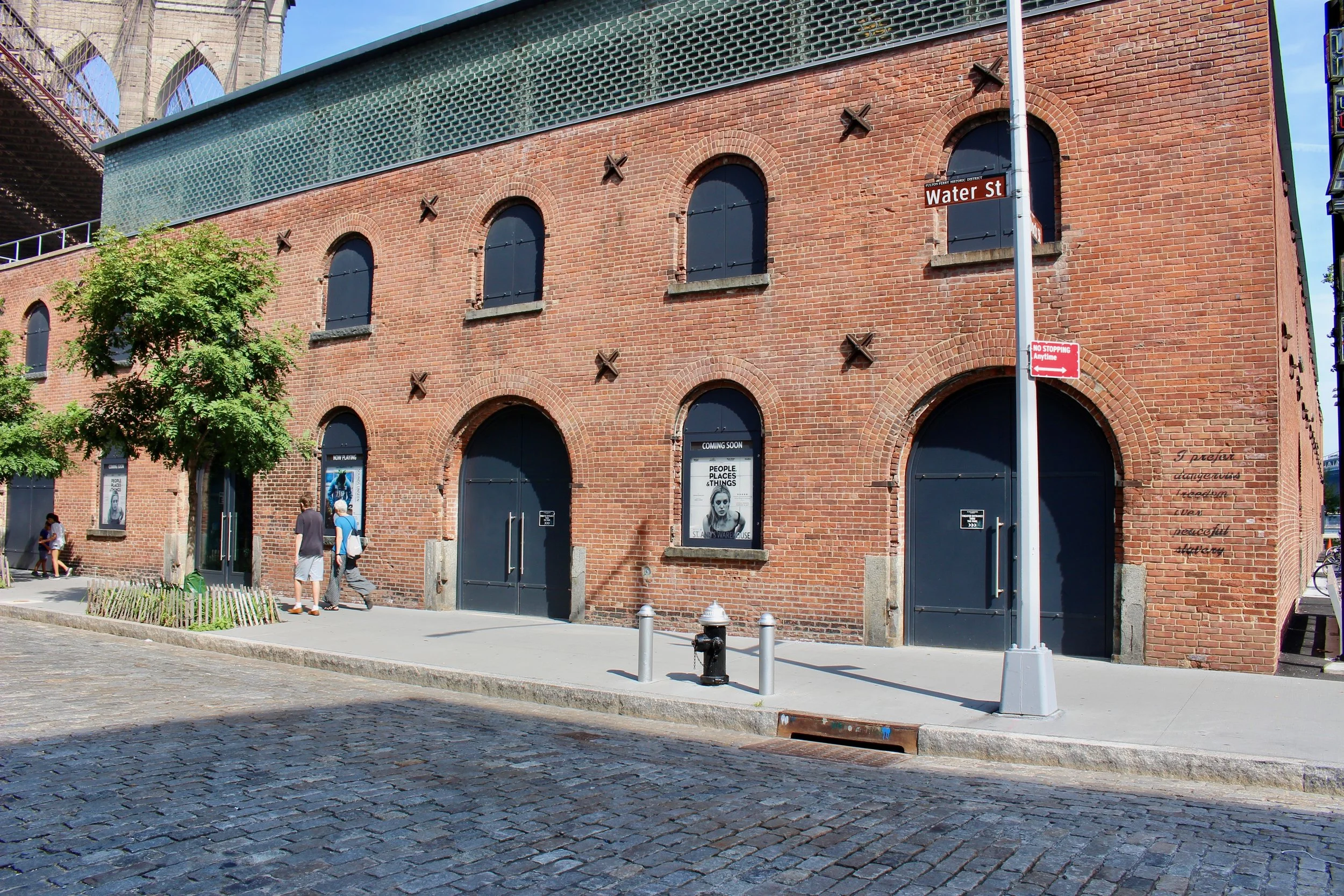 Stepping out of the Park onto Water Street, here is St. Ann's Warehouse, a converted performance space. Note the Brooklyn Bridge just behind it.