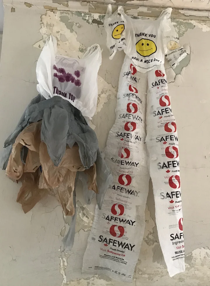 The irony of messaging is intriguing - 42 bags used to create a plastic couple. 