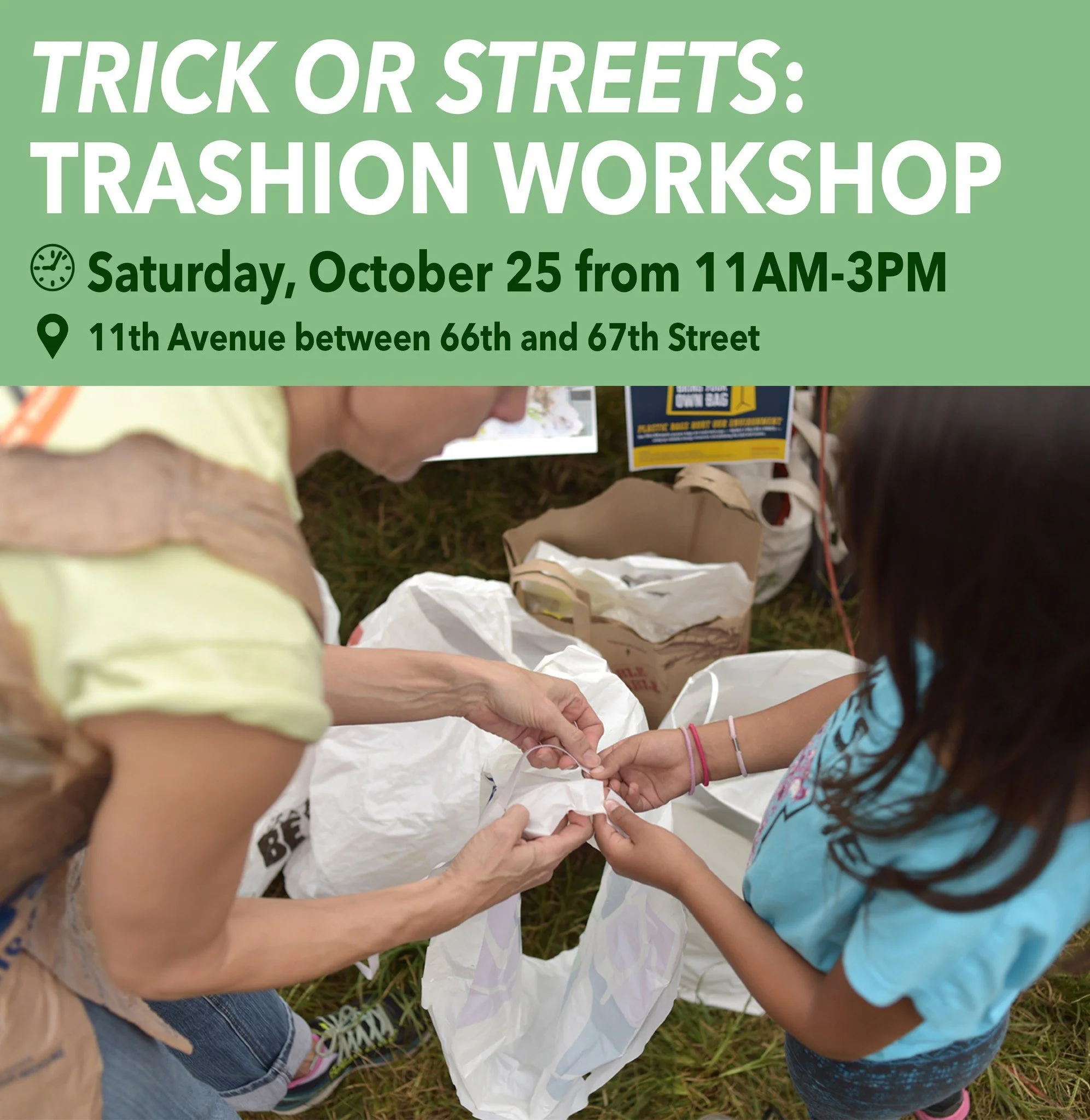 No tricks here, only treats 🎃 as we return to NYC Trick or Streets, this time for a Trashion Workshop to make Halloween costumes out of upcycled materials! 

We utilize upcycled materials to create our own costumes and familiarly call this process &