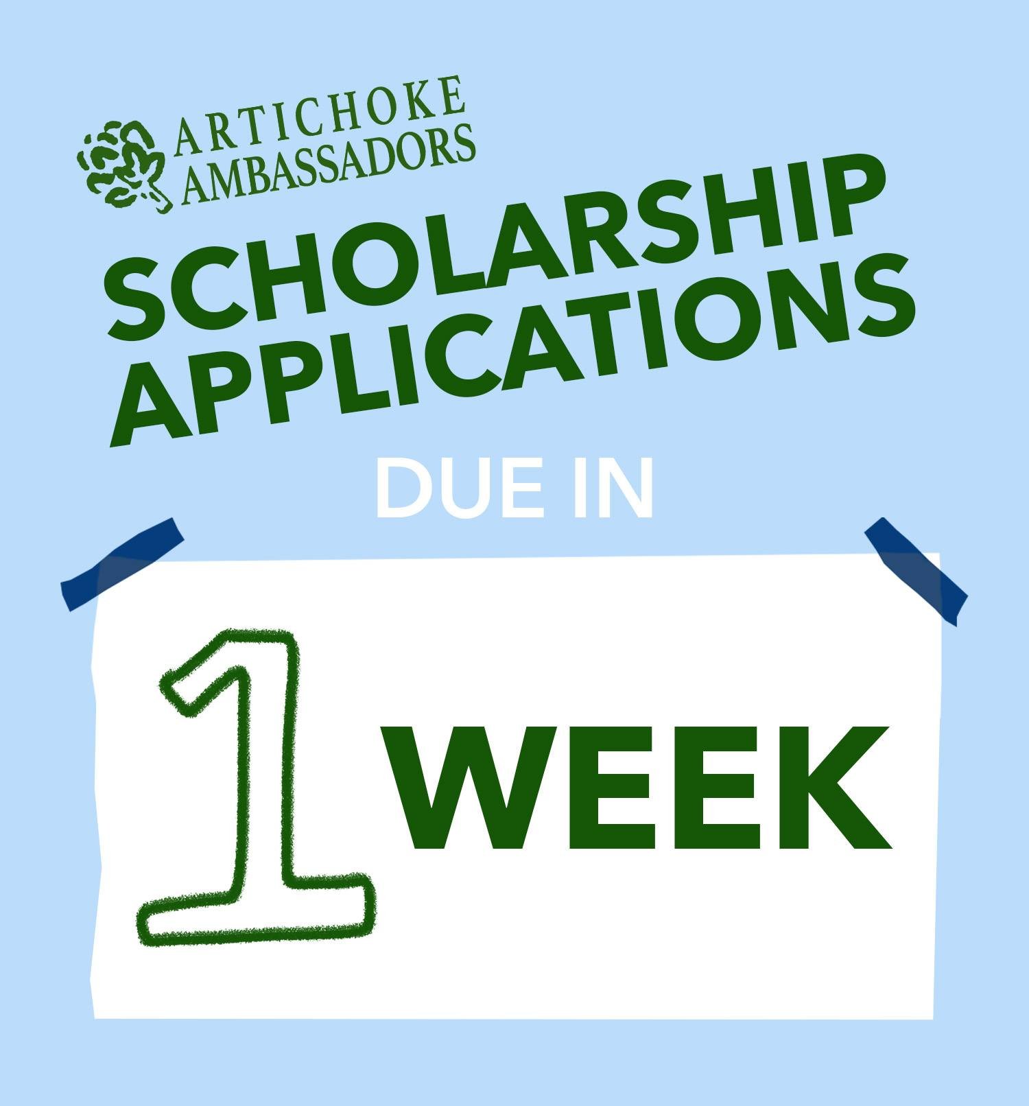 You have 🌟ONE WEEK🌟to apply for scholarships for the Spring 2026 Artichoke Ambassadors program! If you're thinking about applying, consider this your sign! 🤩

Anyone that might require financial assistance to participate in our Spring 2026 eco-art