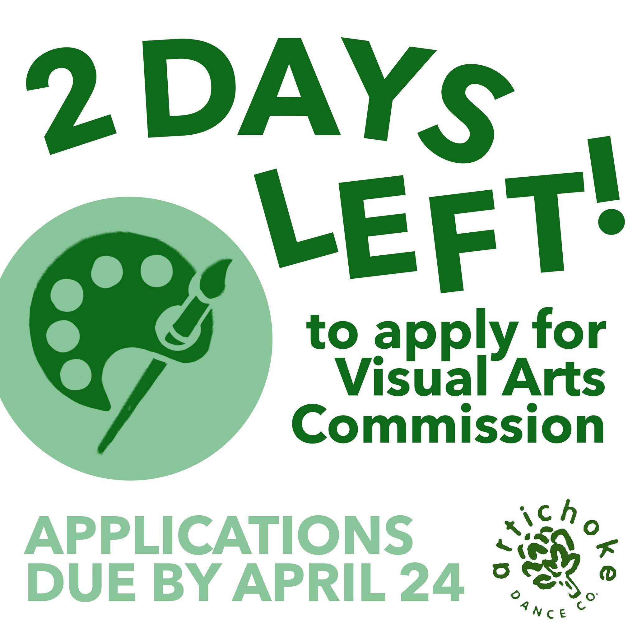 There's only 2 days left to apply for the Visual Arts Commission opportunity! 🎨 Apply today!

Artichoke Dance Company is commissioning three visual artists to create works that topically speak to climate change and the environment for inclusion in t