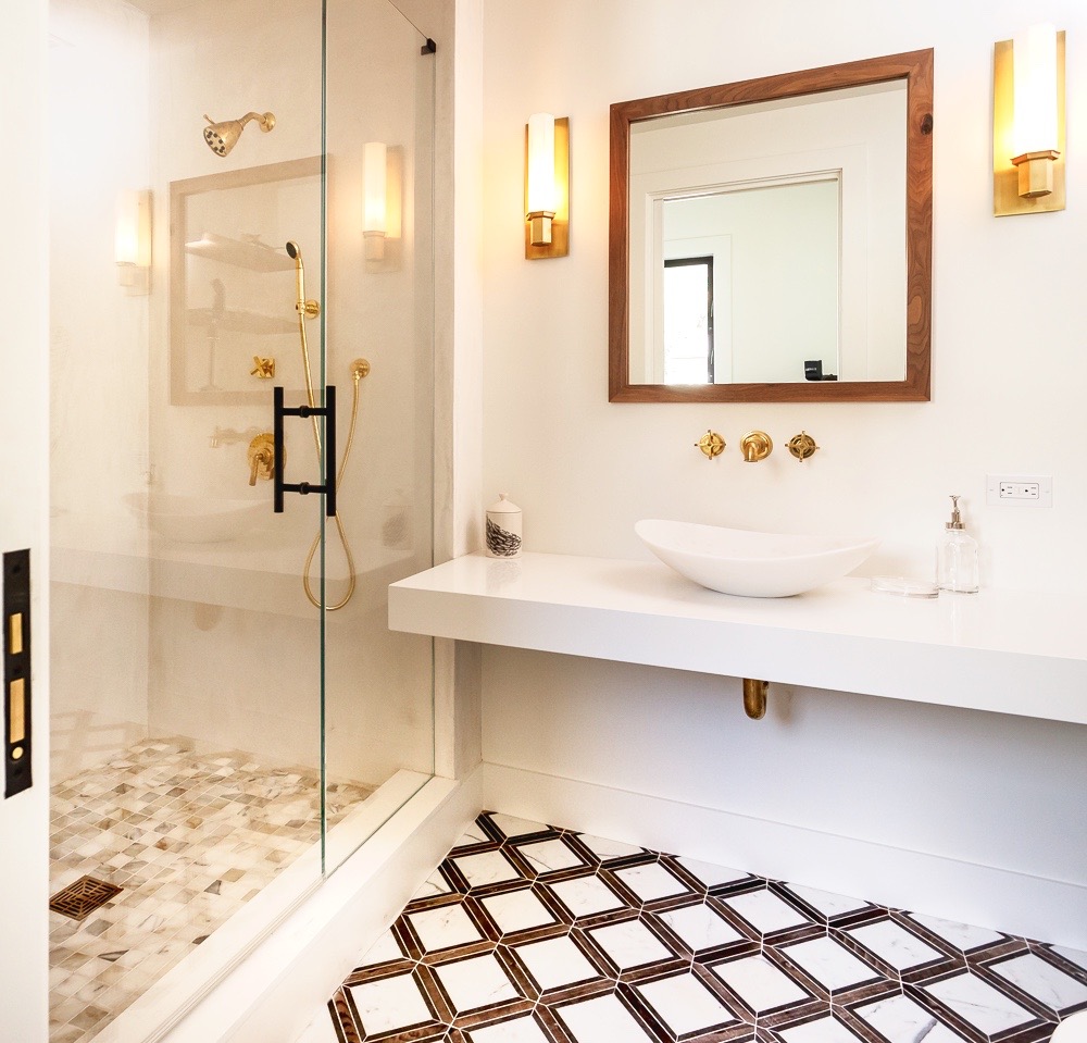 bathroom renovation brass hardware and tiles