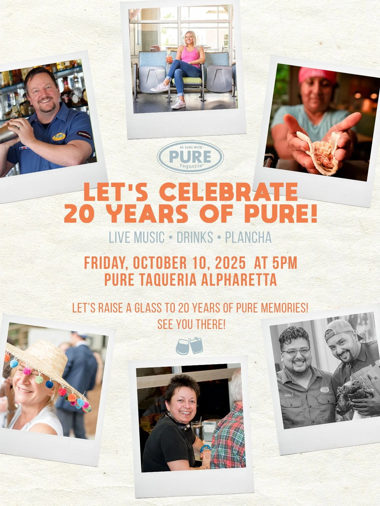 20 years of PURE calls for a celebration!🎊 

🎉 Join us at&nbsp;Pure Taqueria Alpharetta&nbsp;on Friday, October 10th at 5PM for live music, drinks, and food on our plancha.

🎶 5&ndash;7PM: @kranberriesatl  🎶 7:30&ndash;10PM: @cotband 

Let&rsquo;