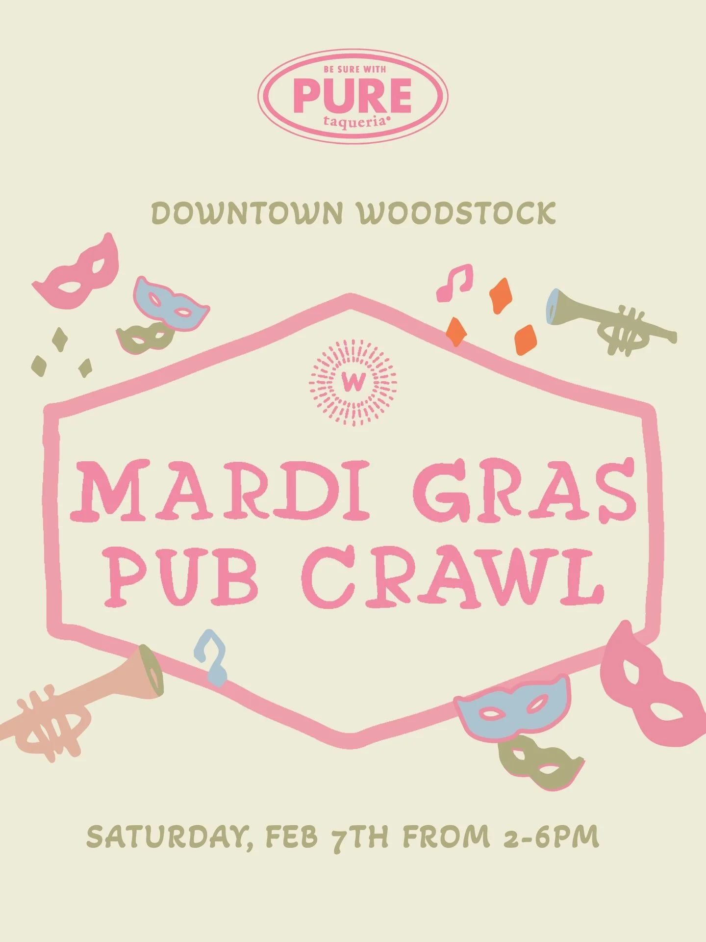 Mardi Gras is taking over Downtown Woodstock!🎭🎺

Come party with us at Pure Taqueria Woodstock during the Mardi Gras Crawl on February 7th from 2-6pm!