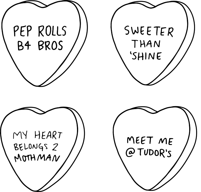 WV conversation hearts illustration.