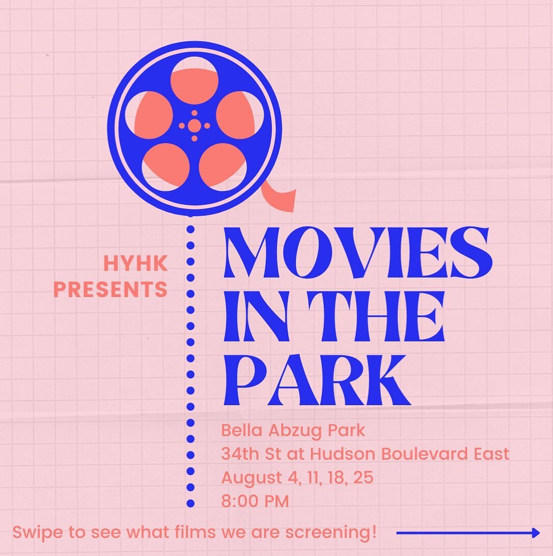 Caption:

HYHK presents Movies in the Park, a free film screening in Bella Abzug Park every Thursday at 8:00 PM during the month of August. Looking for a way to enjoy New York's lovely summer evenings outdoors? Bring your friends and family to kick b