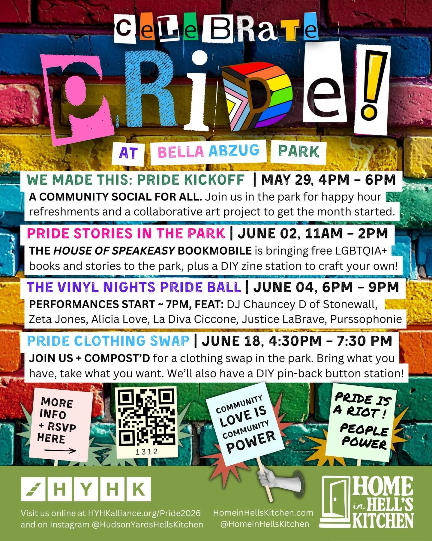 HYHK is excited to announce Pride at Bella Abzug Park in partnership with @homeinhellskitchen ! Join us for a series of free and fun events for all ages in celebration of Pride month. Head to hyhkalliance.org/pride2026 for details. 

🎨 5.29 Kick off