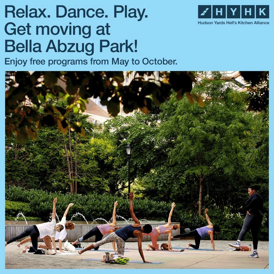 HYHK is thrilled to kick off another season of fun and free programming in Bella Abzug Park this week!

🧘🏽 This month the weather is warming up and we are excited to bring back outdoor yoga with @biengoodwell on Mondays and Wednesdays, with new mat