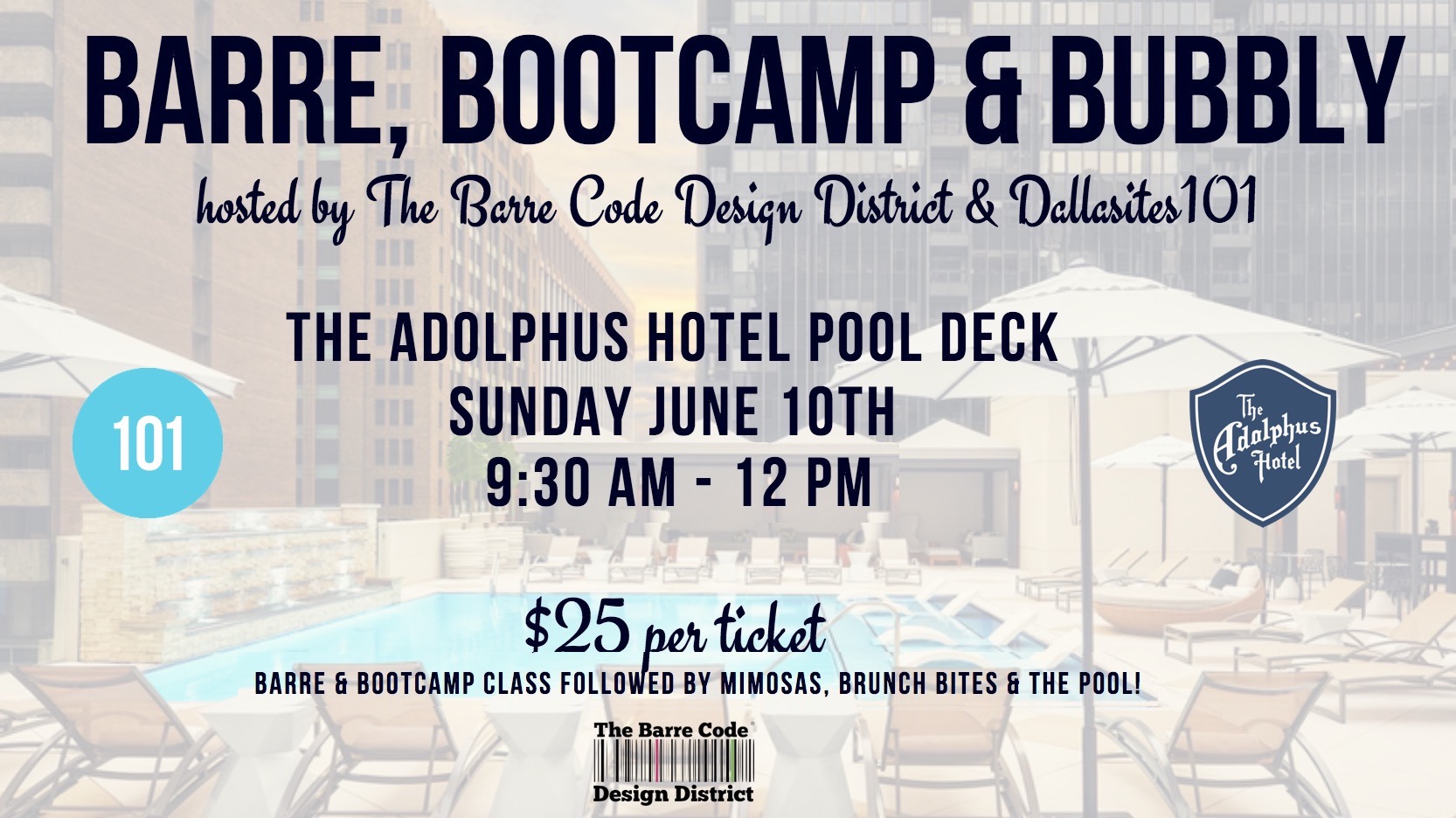 Join us as we team up with the Barre Code Design District and The Adolphus Hotel again for Barre, Bootcamp and Bubbles! Get ready to sweat and shake in this Barre Bootcamp class which is the perfect combination of strength training and cardio intervals, providing an awesome total body workout. Then cool down post class with a mimosa, light bites and a dip in the beautiful pool.... Your $25 ticket will include: - the barre & bootcamp class - mimosas - brunch bites - pool access (can stay after the event all day and enjoy) - chair massages from the Adolphus Spa Vendors: - BeautyCounter - FriskyBritches Purchase below or venmo us at @dallasites101 to save on fees! *athletic shoes and matt or towel necessary