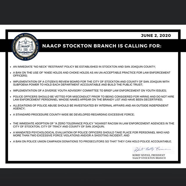 We support NAACP stockton branch&rsquo;s demands. Join us here in Lodi on June 7, 10am at the Kettleman and Lower Sacramento intersection for a protest against violence, racism, and excessive police force. #lodistrong #blm