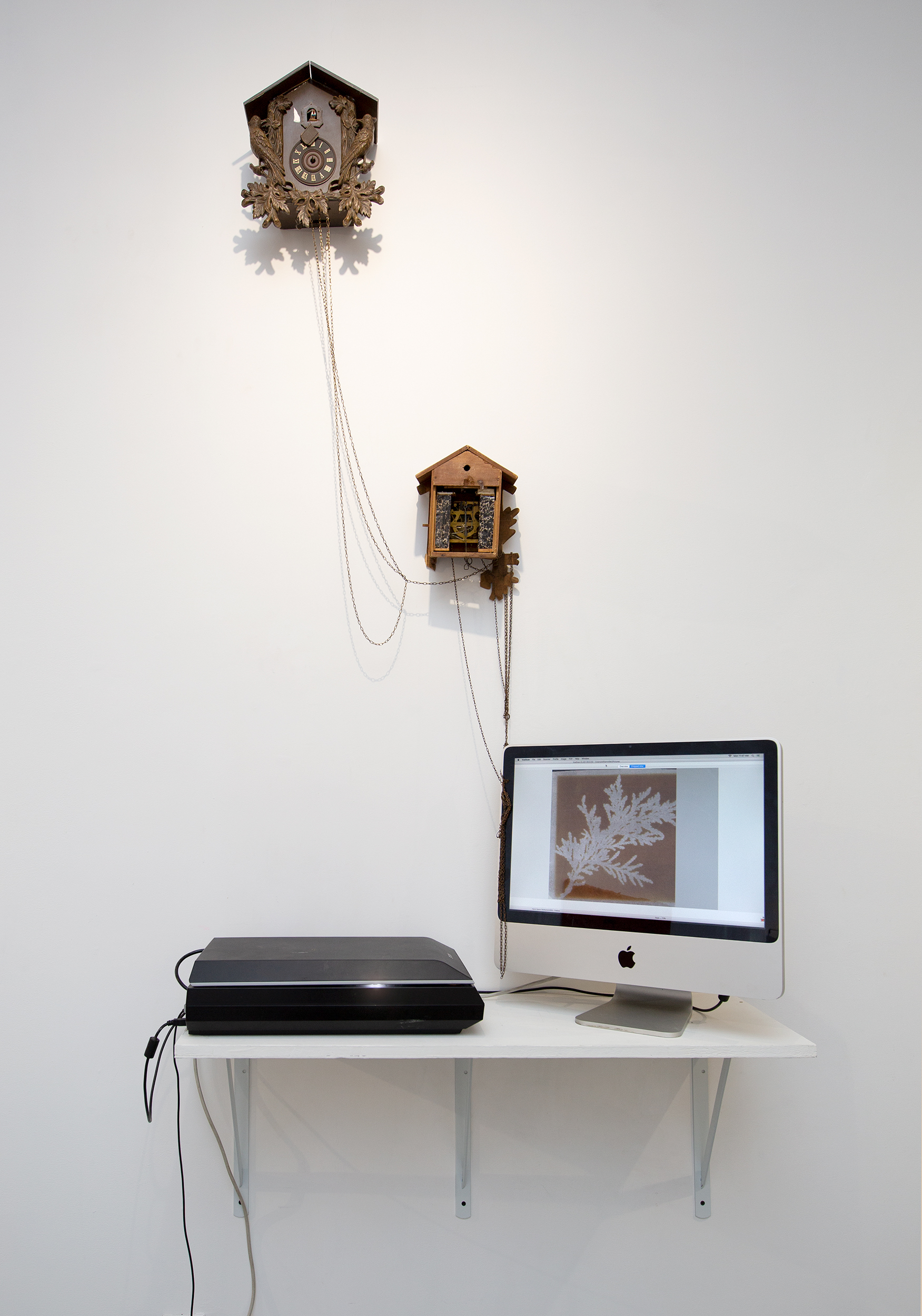 Making the Transitory Impermanent, Making the Fugitive Ephemeral, Making the Interim Provisional,  2018, scanner, desktop computer, calotype, electric chords, cuckoo clocks.