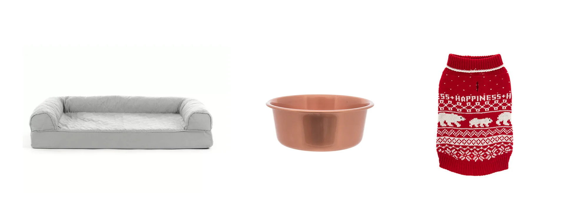 Dog bed in silver grey from Wayfair Pet bowls from PetSmart Little pup sweater from PetSmart