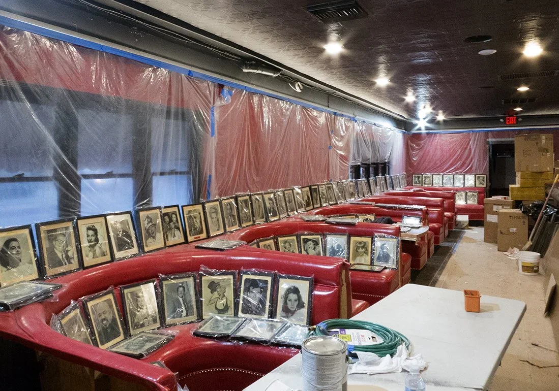 Historic celebrity photographs carefully preserved during The Formosa Cafe restoration project in West Hollywood.