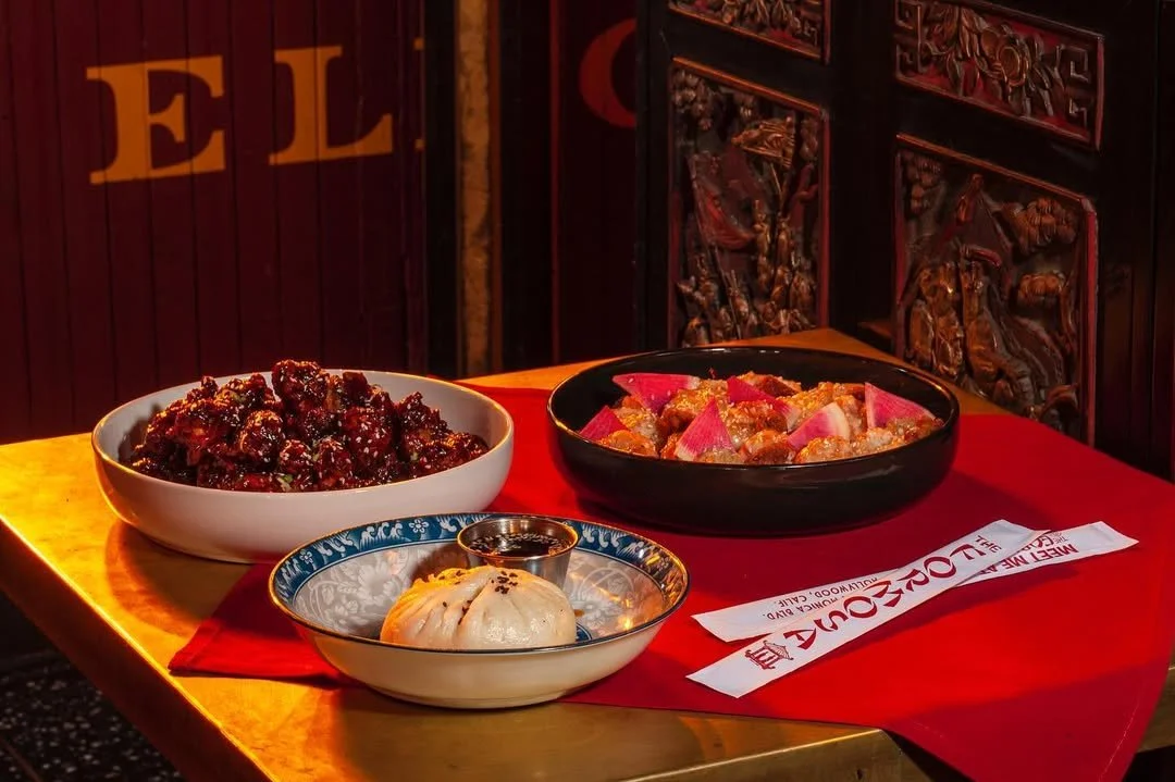 Chinese-American dishes at The Formosa Cafe including dumplings, glazed chicken, fried rice, and noodles.