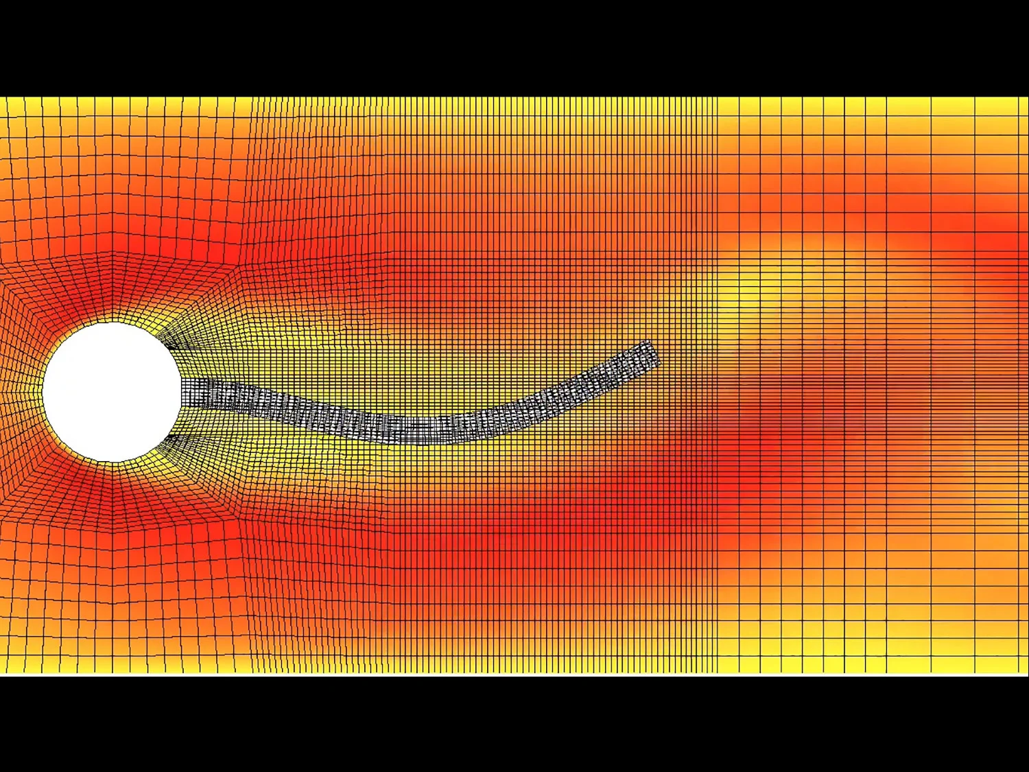 Detail of the immersed mesh motion for the FSI 2 Hron & Turek fluid-structure interaction benchmark. Calculation made using the immersed finite element method. Calculation from S. Roy, L. Heltai, and F. Costanzo, "Benchmarking the immersed finite element method for fluid- structure interaction problems," Computer and Mathematics with Applications, 69 (2015), pp. 1167–1188. DOI: 10.1016/j.camwa.2015.03.012 . The the details of numerical foundations of method are in L. Heltai and F. Costanzo, "Variational implementation of immersed finite element methods," Computer Methods in Applied Mechanics and Engineering, 229–232 (2012), pp. 110–127. DOI: 10.1016/j.cma.2012.04.001 .