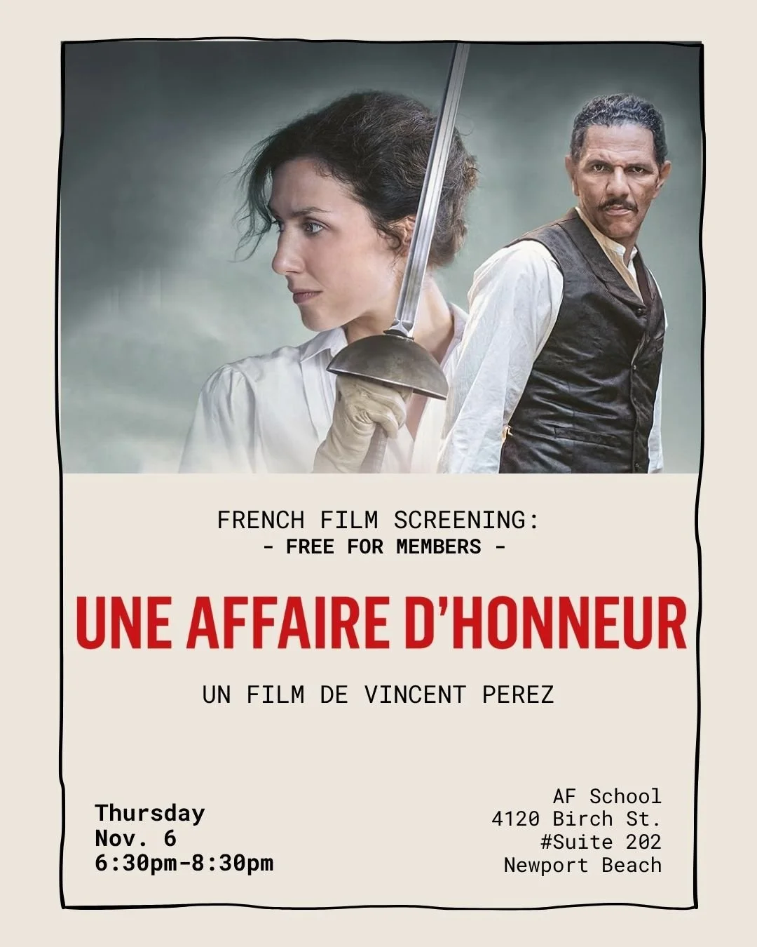 Step into the romance and rivalry of 19th-century France with an movie screening filled with duels, daring, and elegance — the perfect way to greet November in style. 🍂🗡️
Une affaire d’honneur (2023), by Vincent Perez, takes us into 19