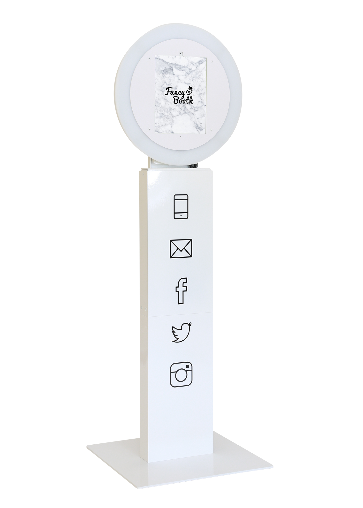 A white photo booth sign with social media icons including a phone, email, Facebook, Twitter, and Instagram, and a sign that reads "Fancy Booth" on top.
