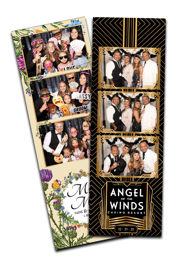 A sleek, modern photo booth photostrip featuring four vibrant, high-quality photos of smiling guests at an event, showcasing playful poses and stylish props. Ideal for corporate events, weddings, and parties in Seattle and Whidbey Island.