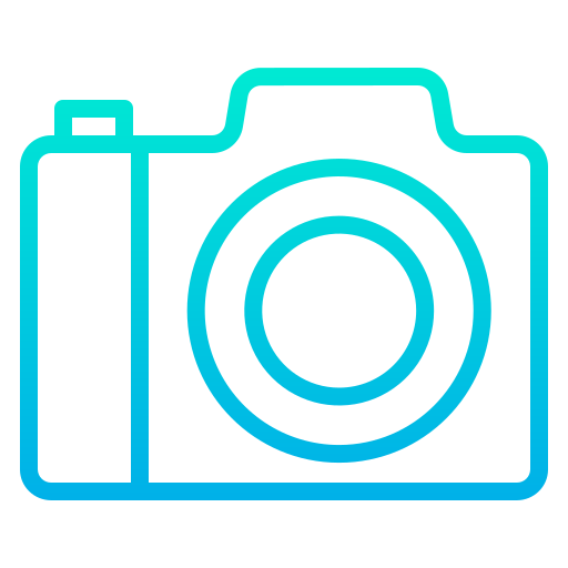 Outline of a digital camera icon in blue color.