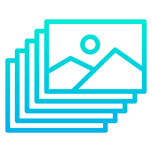 Icon of stacked images with a mountain, sun, and lines indicating a photo gallery.