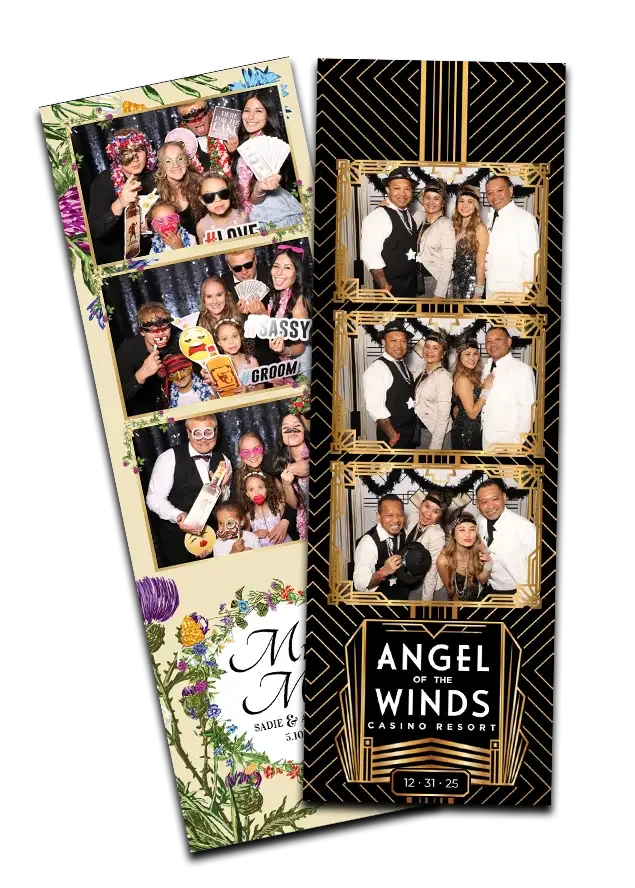 Two custom-designed photo booth strips showcasing a floral wedding theme and a black-and-gold Art Deco casino event style for a Seattle-based photo booth rental service.