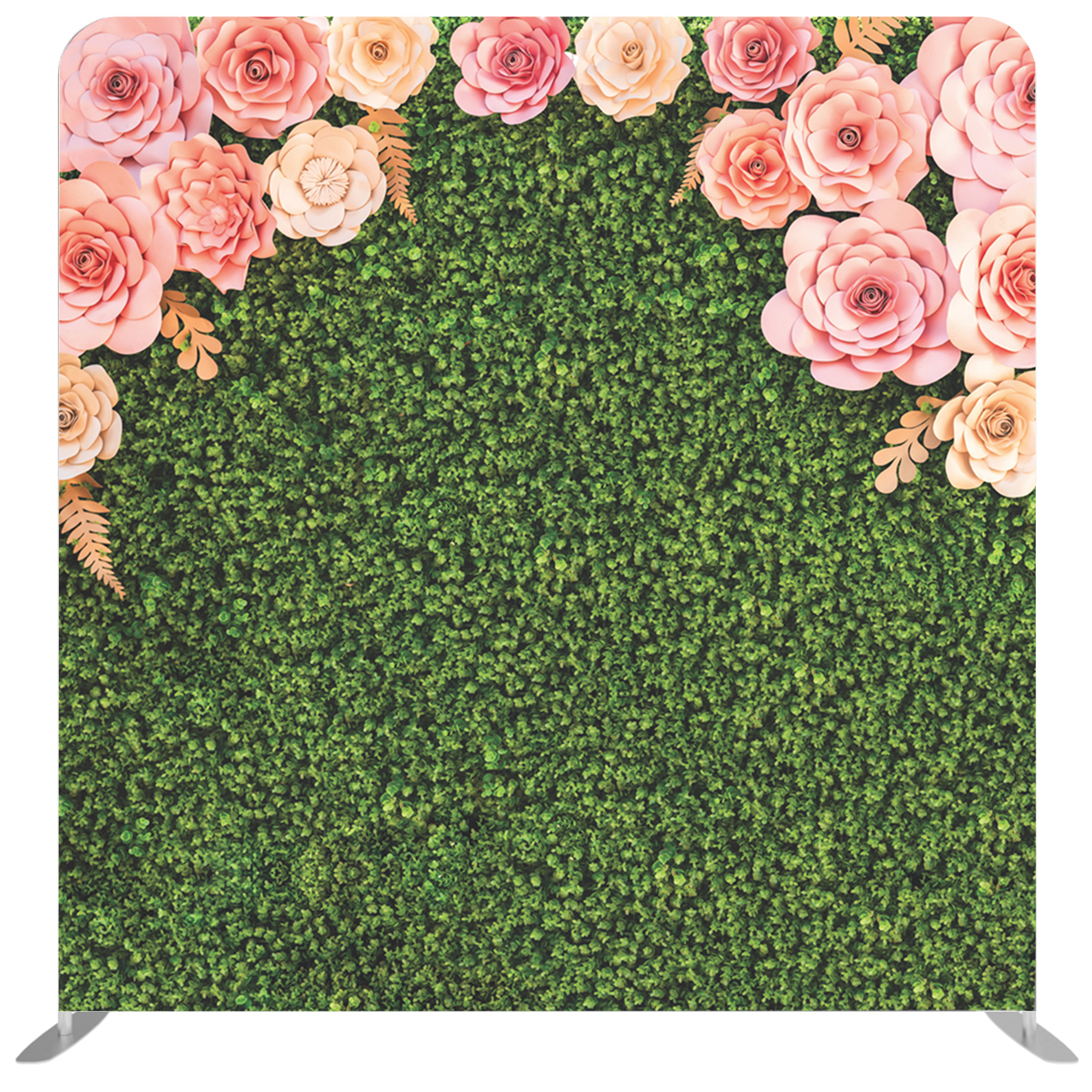 Green hedge wall decorated with pink and peach paper flowers along the top and right edges.
