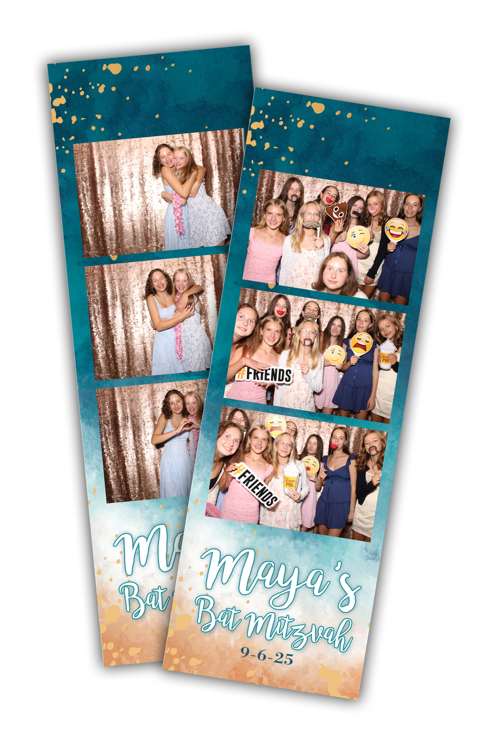 Photo booth strips from Maya's Bat Mitzvah with group of girls, using props, posing with signs, and wearing party dresses, against a gold sequin backdrop.