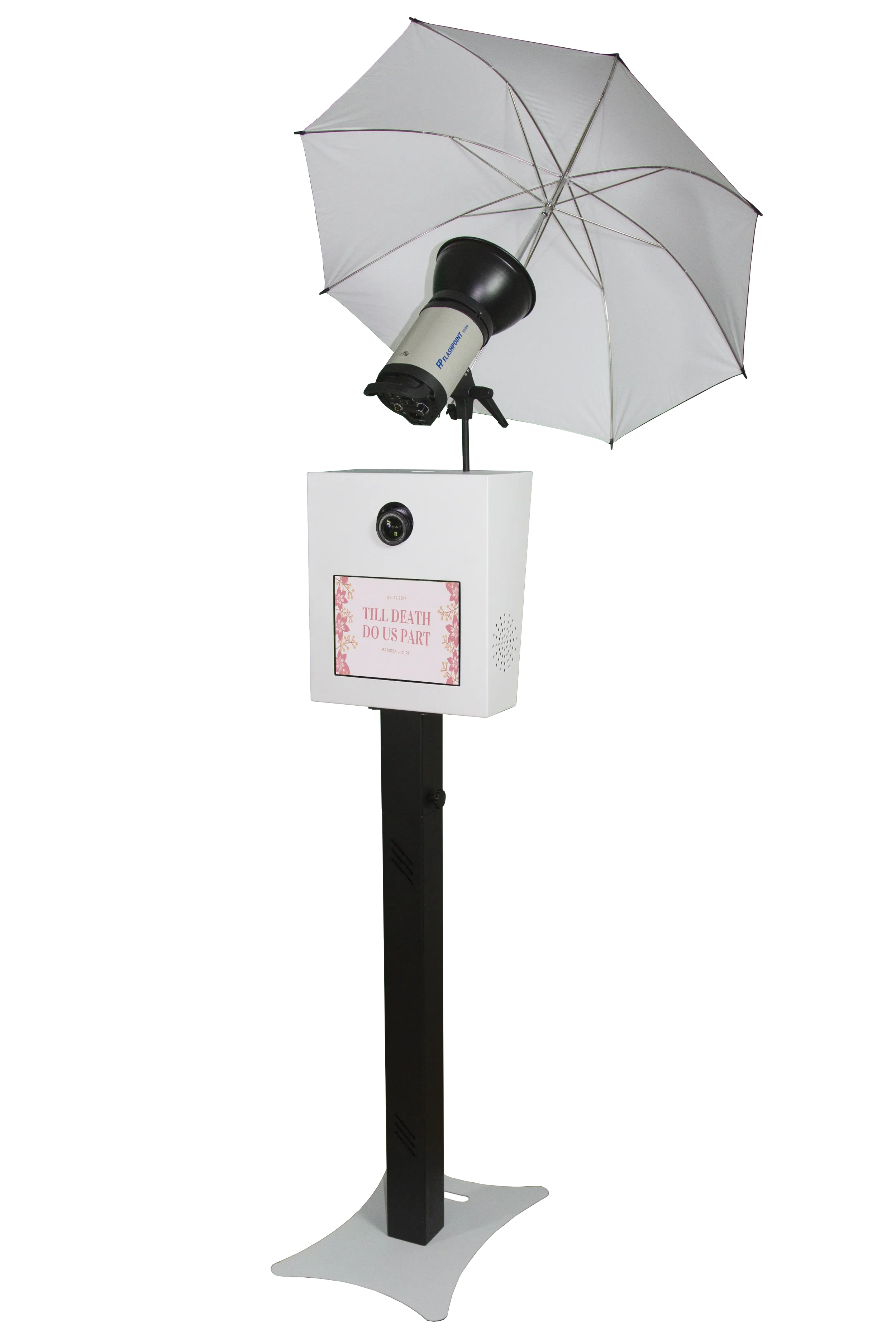 The Classic open-air photo booth rental by Fancy Booths in Seattle, featuring a sleek white shell, touchscreen interface, and professional studio flash with an umbrella diffuser.