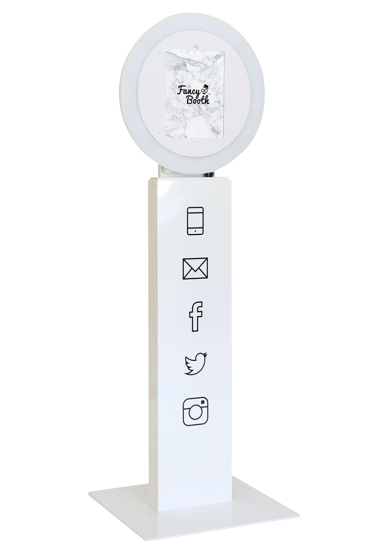 Modern iPad-based photo booth with integrated social media sharing icons and ring light, ideal for corporate brand activations and parties in Washington State.